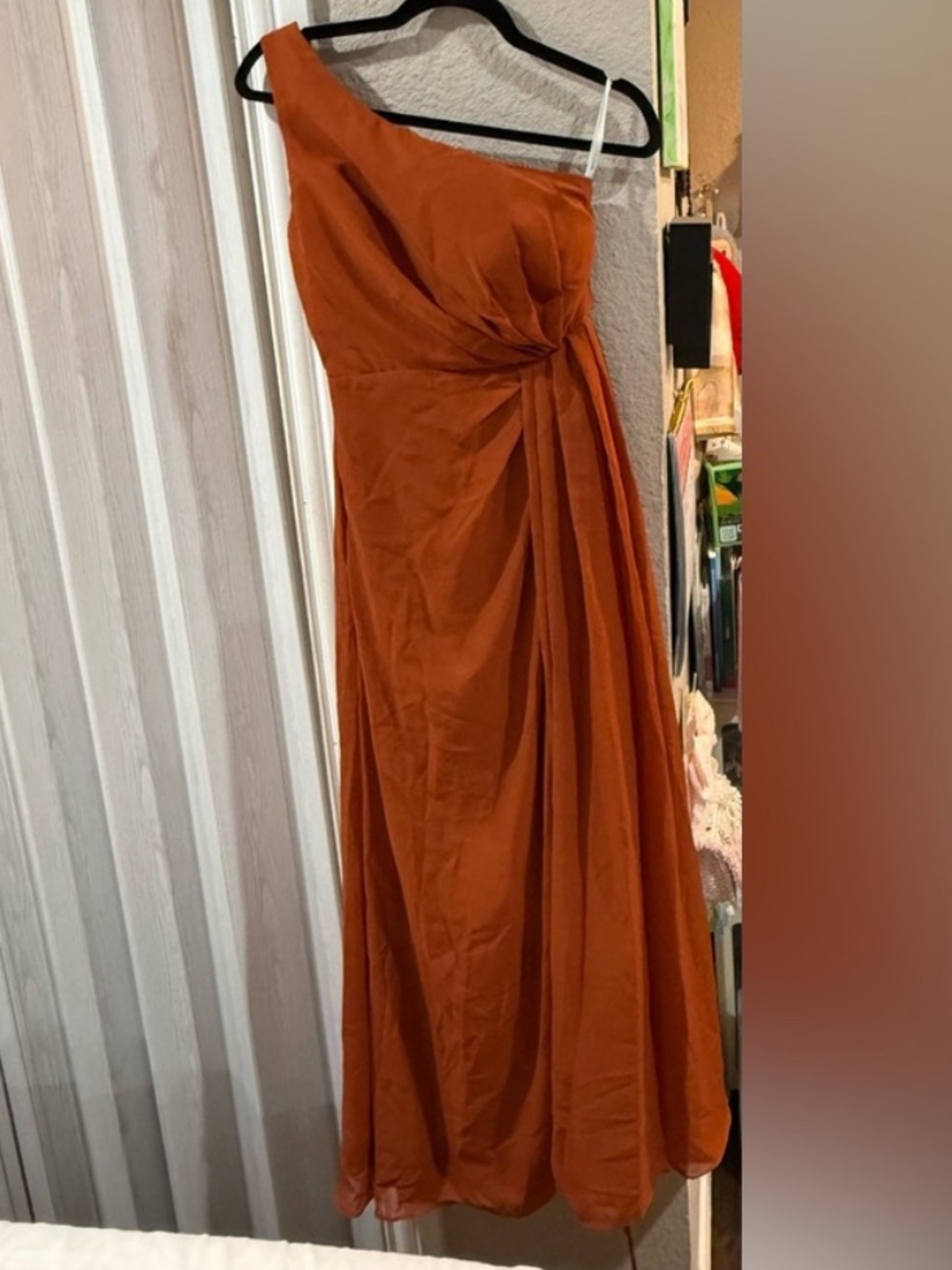 One-Shoulder Rust Orange Midi Dress